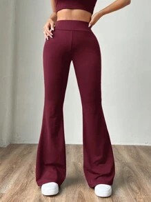 SHEIN EZwear 酒红色针织女款紧身喇叭裤 - 酒紅色 - 查看 6