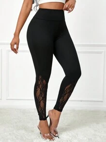 SHEIN Lady Elegant Solid Lace Patchwork High Waist Women's Leggings - Black - View 5