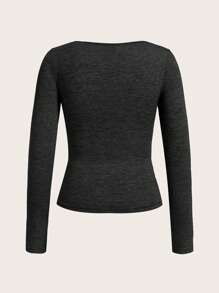 SHEIN EZwear 3 paquetes de camisetas de manga larga con cuello redondo y fruncido de color liso informal - Verde Oscuro - Ver 7