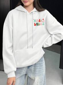 SHEIN EZwear Women's Letter Print Simple Casual Hooded Sweatshirt - White - View 2