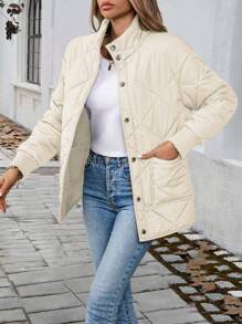 Chiquease Casual Quilted Button-Up Padded Padded Coat, Warm For Autumn/Winter Clothes - Apricot - View 4