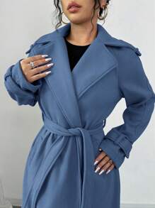 Chiquease Women's Elegant Vintage Shoulder Design Waist Cinched Turndown Collar Overcoat - Dusty Blue - View 4