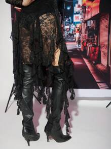 NO NAME Designer Women's Black Mesh Sexy Lace High Slit Asymmetric Ruffle Hem Stand Collar Party Mini Dress, Holiday Outfit, Birthday Outfits, Festival, Prom Dress - Black - View 6