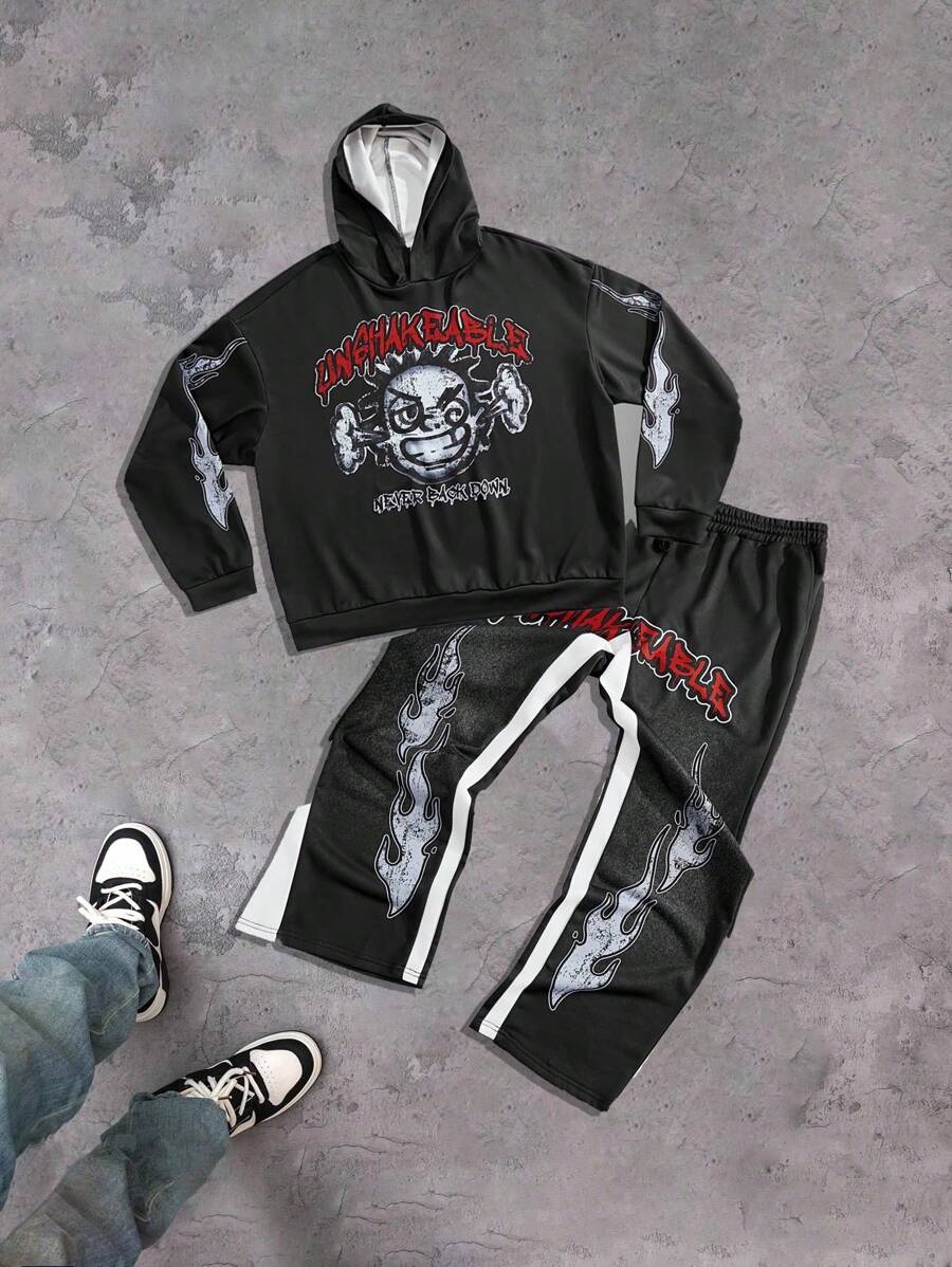 Manfinity VCAY Plus Size Men Casual Cartoon Print Hoodie And Pants 2 Pieces Set, Autumn, For Fall Winter - Multicolor - View 1