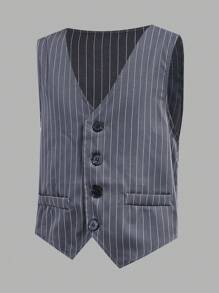 Set de 3 piezas de chaleco, camisa y pantalones a rayas para niño preadolescente, estilo caballero, apto para otoño, invierno y primavera. Excelente para actividades al aire libre, escuela, fotografía callejera, fiestas y vestir casual, alta rentabilidad - Multicolor - Ver 9