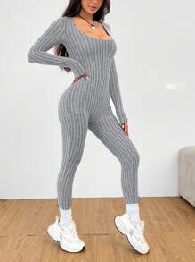 SHEIN PETITE Body de mujer de cuello redondo y manga larga de terciopelo, adecuado para otoño e invierno - Gris - Ver 7