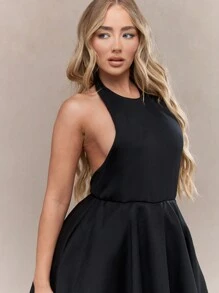MISSGUIDED Halter Neck Backless Skater Mini Dress - Black - View 3
