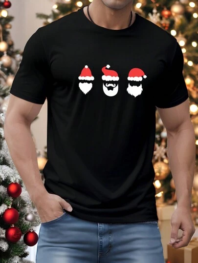 Manfinity Homme 圣诞 3 圣诞老人剪影印花休闲圆领 T 恤男款