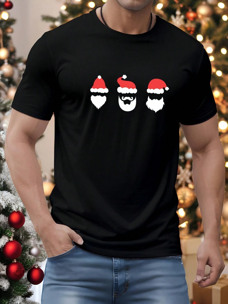 Manfinity Homme Christmas 3 Santa Claus Silhouette Print Casual Crew Neck T-Shirt For Men - Black - View 1