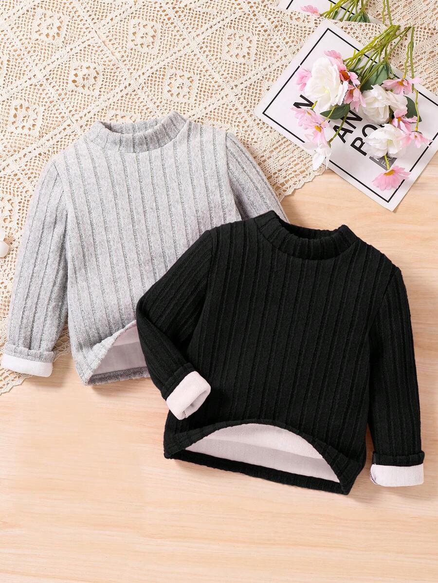 SHEIN 最便宜的年轻女孩买 1 送 1 2 件/套年轻女孩针织纯色立领保暖休闲 T 恤套装，秋冬，非常适合休闲和日常穿着和学校日常、学院风格、返校、派对 - 黑色 - 查看 1