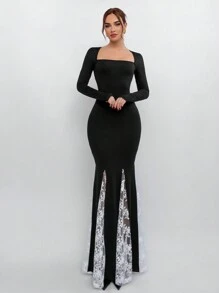 Aloruh Black Fishtail Patchwork Knit Dress, Casual & Stylish For Everyday Wear