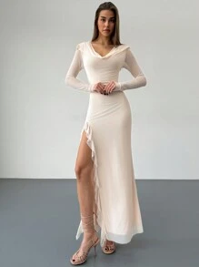 Aloruh 万圣节反乌托邦风格黑色连帽长袖开衩荷叶边连衣裙（女款） - 杏色 - 查看 6