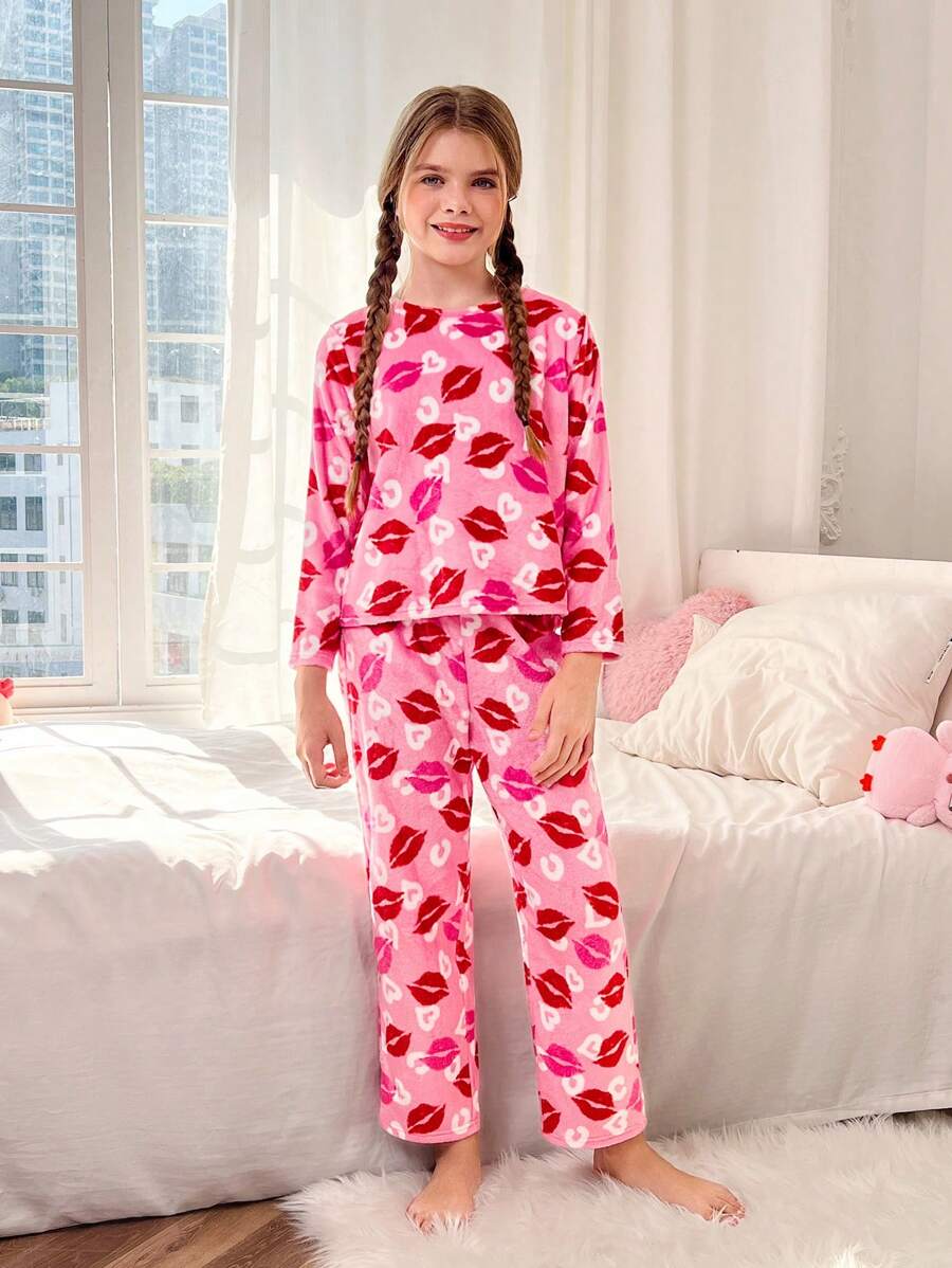 SHEIN Tween Girls 2pcs/Set Soft Cozy Double-Sided Flannel Cartoon Lip Print Long Sleeve Sweatshirt And Pants Pajama Set, Autumn/Winter - Pink - View 1