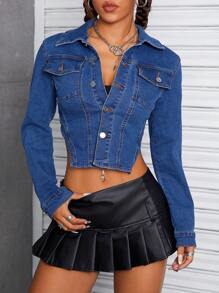 SHEIN ICON Asymmetrical Hem Washed Short Women Jean Jacket - Dark Wash - View 1