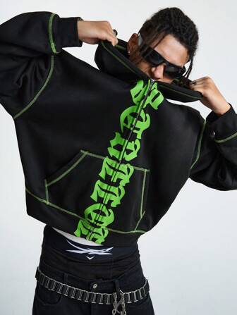 Manfinity RebelGame Men's Loose Knit Long Sleeve Zipper Hooded Sweatshirt, Letter Full Zip Up Hoodie, For Friends, Husband, Boyfriend Gifts, For Fall Winter