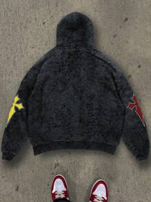 Manfinity Dauomo 男式超大连帽衫 Manfinity EMRG 图案运动连帽衫，仿旧雪花针织运动衫，高街风格 - 黑色 - 查看 2
