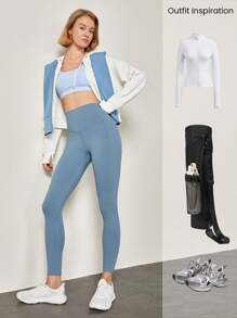 GLOWMODE 26'' FeatherFit™ Fleece Warm Tummy Control High-Rise Waist Leggings Low Impact Yoga Pilates Daily Warm Winter - Dusty Blue - View 7