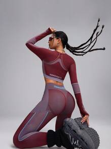 Innovista 无缝3D立体塑形蛇纹修身透气网状结构运动卫衣上衣，性感长袖上衣，适合徒步、露营、跑步、健身、日常户外活动、秋冬女装，核心运动，情人节秋季新款女式3D立体塑形，实用时尚 - 酒紅色 - 查看 8