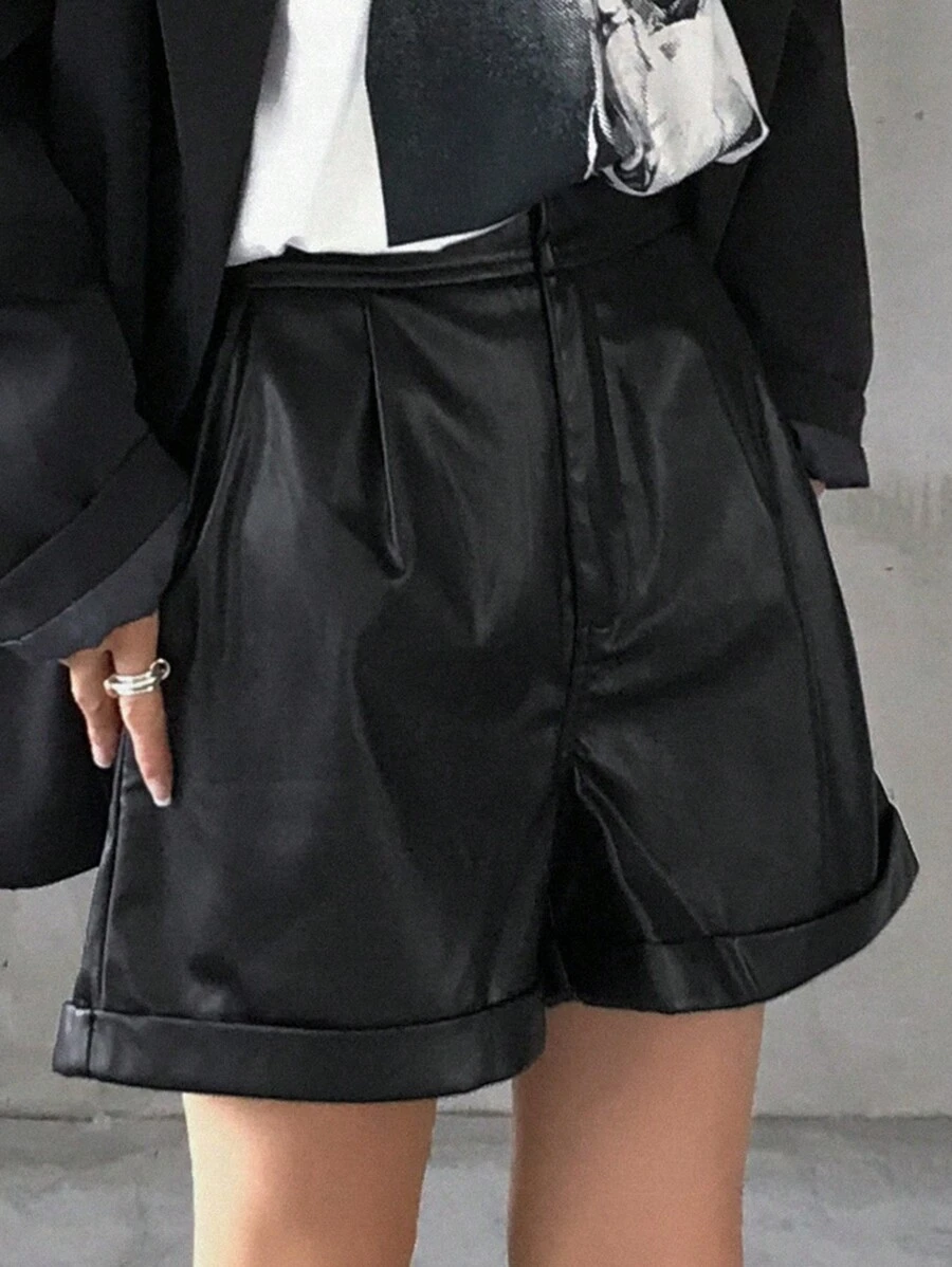 FRIFUL Women Solid Color High-Waist PU Leather Pleated Loose Shorts Sweater Shorts - Black - View 1