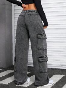 SHEIN ICON 女士实用口袋洗水牛仔阔腿裤 - 灰色 - 查看 2