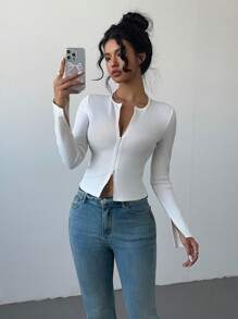 INAWLY 女式修身性感双拉链 V 领罗纹长袖 T 恤 - 白色 - 查看 3