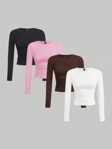 SHEIN EZwear 多色针织女式秋季圆领长袖褶皱修身 T 恤 - 粉色 - 查看 1
