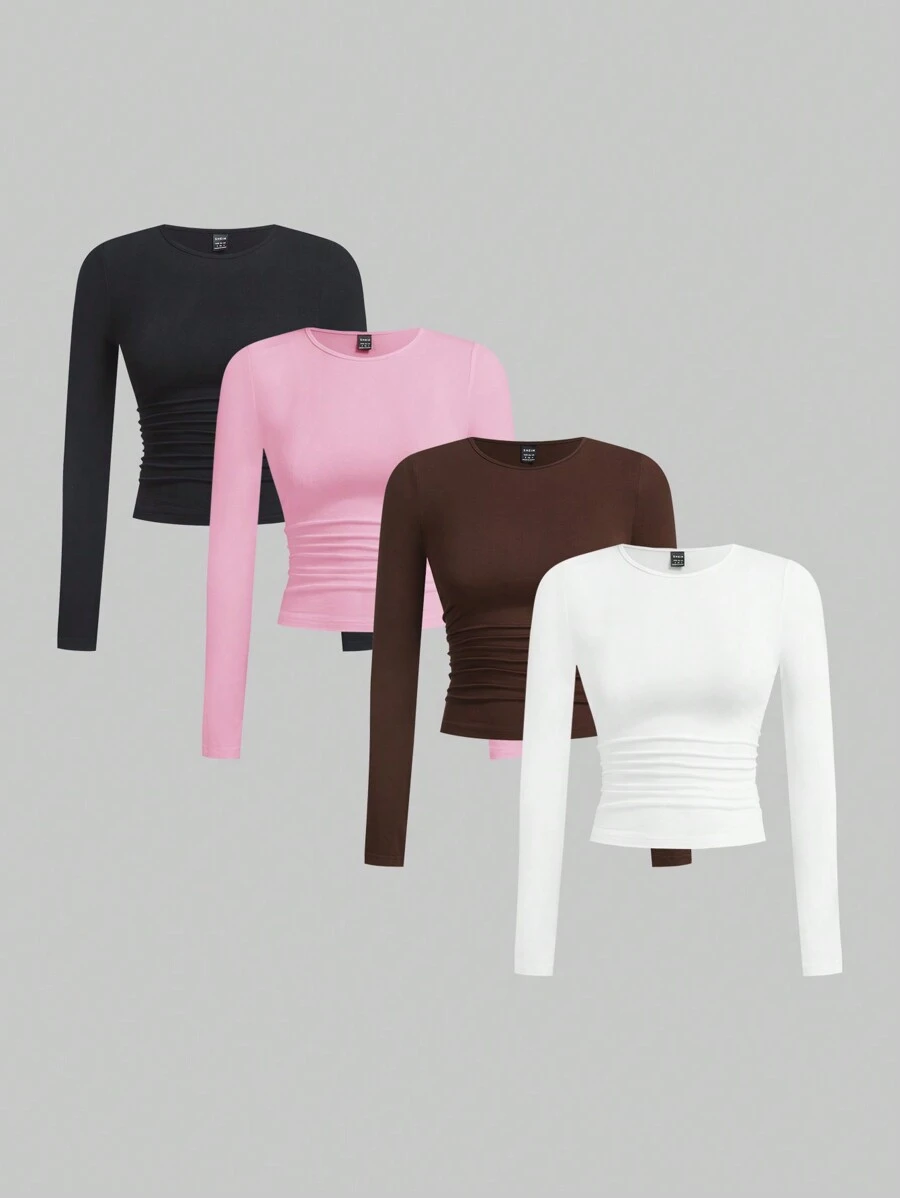 SHEIN EZwear 多色针织女式秋季圆领长袖褶皱修身 T 恤 - 粉色 - 查看 1