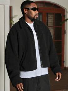 Manfinity VCAY Men's Knit Casual Regular-Fit Fuzzy Loose Long Sleeve Open Front Jacket, Young Fashion, For Fall Winter - Black - View 2