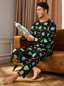 Full Print Crew Neck Long Sleeve Top And Long Pants Pajama Set - Olive Green - View 5
