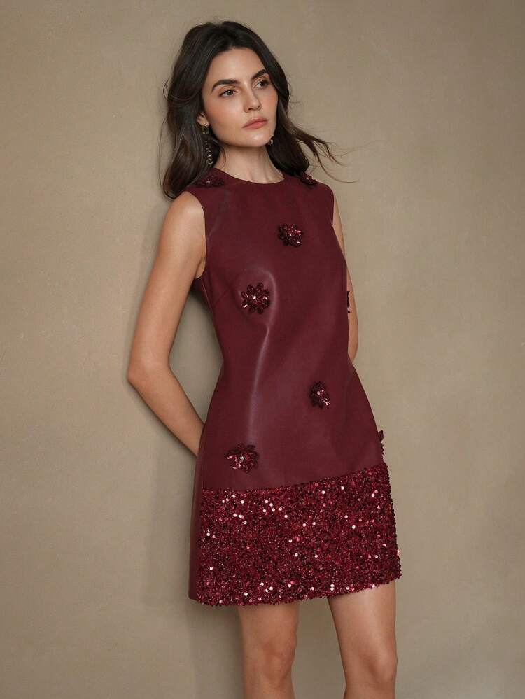 Elegant Women Sequin Panel Flower Lace Trim Round Neck Short PU Dress, Party & New Year Dress Burgundy Color Women Outfit