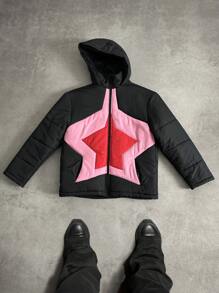 Manfinity EMRG Men's Casual Everyday Star Pattern Hooded Padded Coat, Warm For Autumn/Winter - Black - View 3