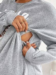 SHEIN 孕妇休闲爱心与字母印花哺乳运动衫，秋冬款 - 淺灰色 - 查看 5