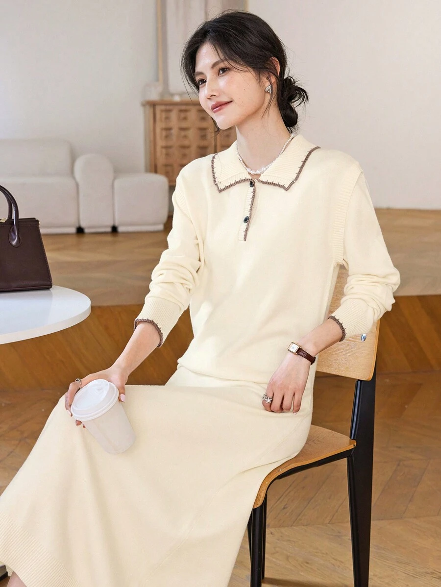 DAZY 女式拼色 Polo 领长袖休闲毛衣连衣裙，秋季服装 - 杏色 - 查看 1