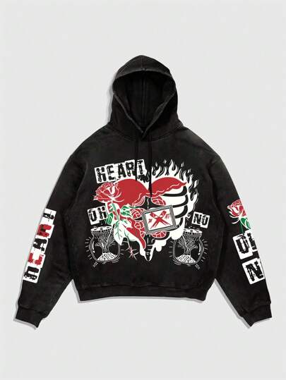 Street Life Men's Casual Letter Print Drawstring Hoodie, Autumn