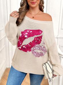 SHEIN LUNE Suéter casual de cuello de barco de talla grande con estampado de labios negro para mujer, para otoño e invierno - Beis - Ver 3