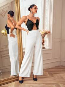 Oxana Mono de pierna ancha con encaje negro y blanco, seda de contraste y tirantes finos para mujer, elegante para fiestas, atuendo de vacaciones, primavera y verano, festival - Blanco y Negro - Ver 1