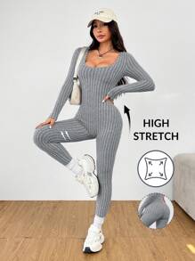 SHEIN PETITE Body de mujer de cuello redondo y manga larga de terciopelo, adecuado para otoño e invierno - Gris - Ver 1