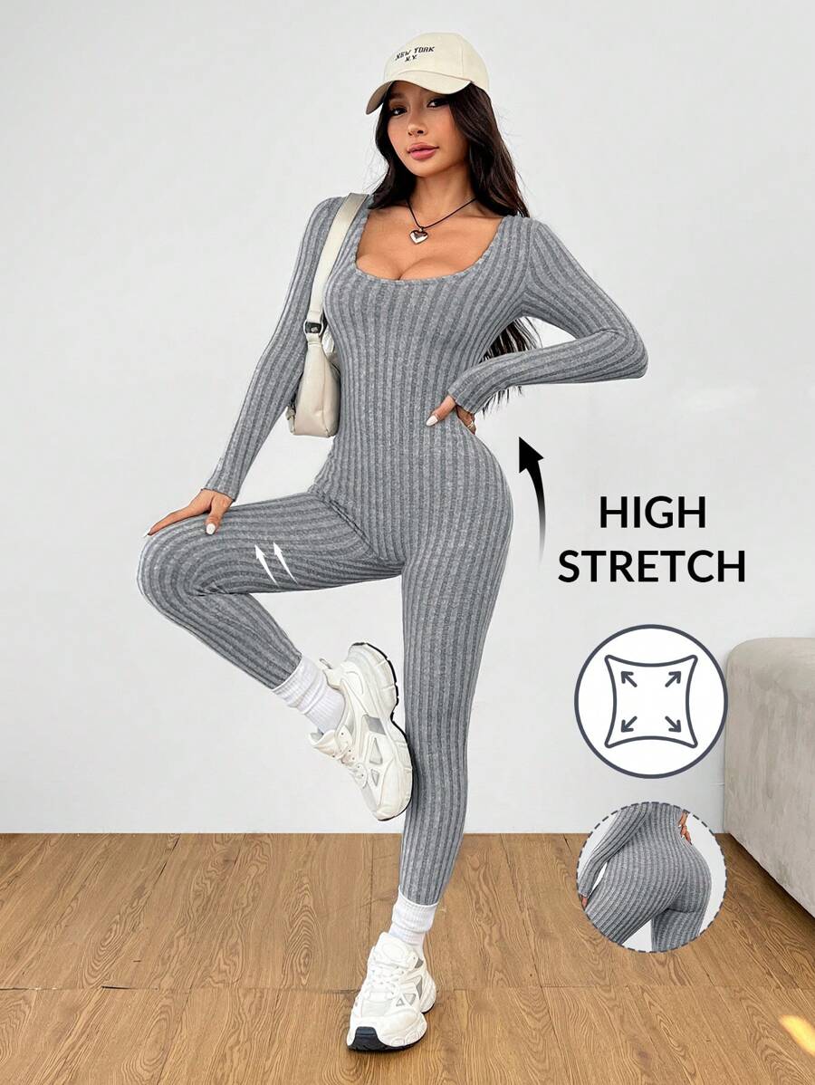 SHEIN PETITE Body de mujer de cuello redondo y manga larga de terciopelo, adecuado para otoño e invierno - Gris - Ver 1