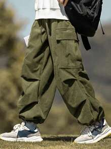 Manfinity Hypemode Men Flap Pocket Side Drawstring Waist Cargo Pants , Corduroy - Army Green - View 4