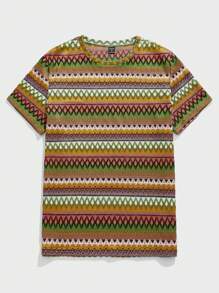 Manfinity VCAY 男士几何印花圆领短袖休闲弹力针织 T 恤 - 彩色 - 查看 1