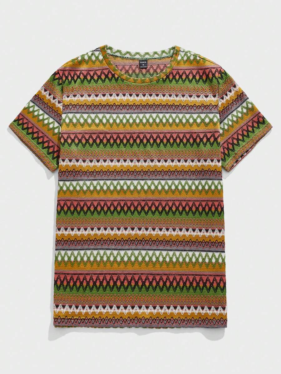 Manfinity VCAY 男士几何印花圆领短袖休闲弹力针织 T 恤 - 彩色 - 查看 1