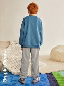 Set de 2 piezas con sudadera de cuello redondo de manga larga con estampado de eslogan y pantalones de chándal casuales para niño preadolescente, otoño - Multicolor - Ver 2