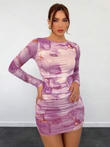 Aloruh Women's Autumn/Winter New Romantic Date Tie Dye Printed Sheer Mesh Tight Fit Long Sleeve Mini Bodycon Dress - Purple - View 4