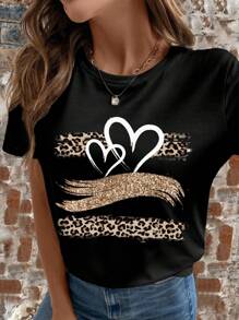 SHEIN LUNE 豹纹爱心图案圆领短袖修身女式T恤，适合夏季穿着，适合外出休闲穿着。 - 黑色 - 查看 5