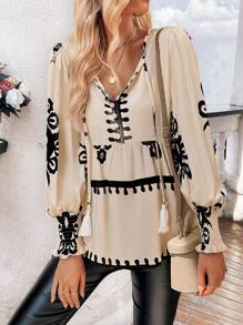 Chiquease Áo sơ mi dài tay in họa tiết lấy cảm hứng từ kỳ nghỉ dành cho nữ Áo peplum - Màu be - Xem 5