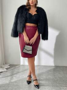 SHEIN Privé 大码女式优雅时尚简约性感拉链前开衩下摆仿皮裙适合派对、秋冬季 - 酒紅色 - 查看 6