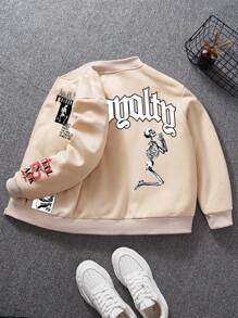 Manfinity Roghcode 男士休闲户外字母印花拉链夹克，秋季外出复古朋友图案长袖运动夹克，适合朋友、丈夫、男朋友的礼物 - 杏色 - 查看 2