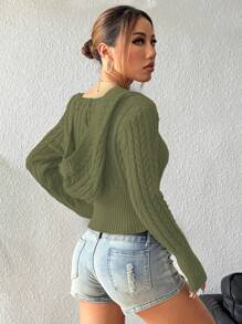 Lunelith SHEIN Lunessa Damski sweter z kapturem i długim rękawem w jednolitym kolorze, z wzorem kablowym