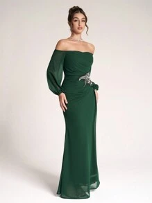 SHEIN Belle Váy dạ hội cao cấp trễ vai mới, hở vai, đuôi cá - Màu xanh lá cây đậm - Xem 3