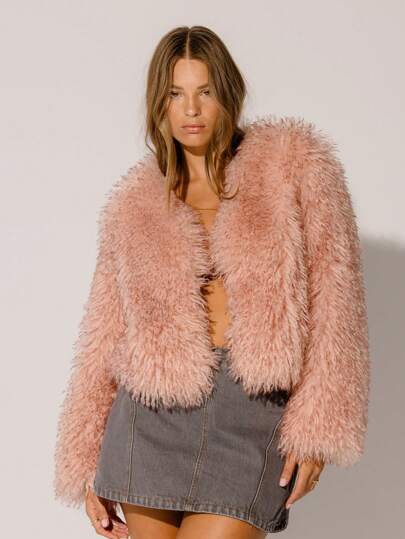 Aralina 1pc Women Solid Color Fluffy Long Sleeve Open Front Loose Luxury Jacket, Winter